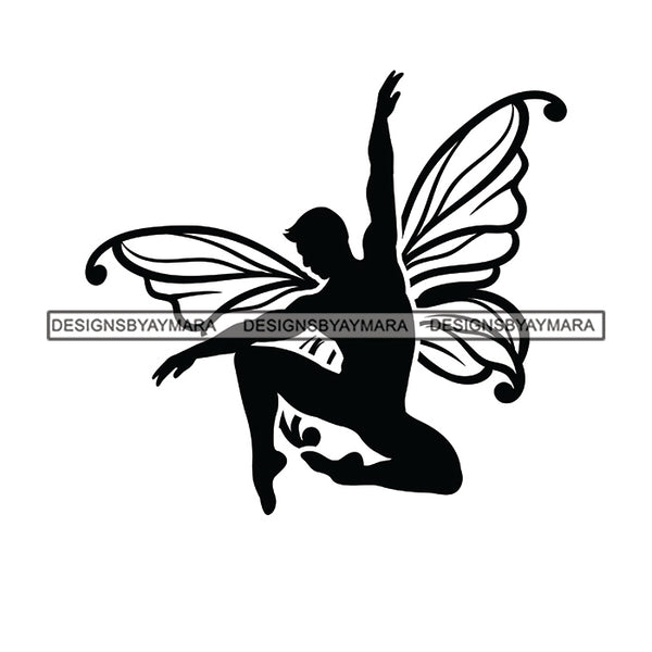 Fairy Male Man Wings Flying Fantasy Dancing Butterfly Wings B/W SVG JPG PNG Vector Clipart Cricut Silhouette Cut Cutting