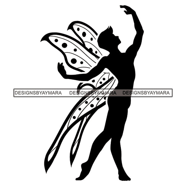 Fairy Male Man Wings Flying Fantasy Dancing Butterfly Wings B/W SVG JPG PNG Vector Clipart Cricut Silhouette Cut Cutting