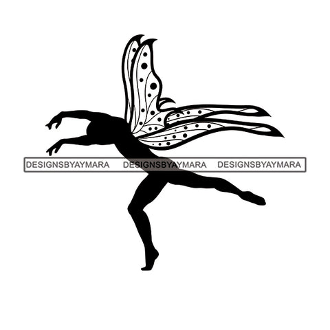 Fairy Male Man Wings Flying Fantasy Dancing Butterfly Wings B/W SVG JPG PNG Vector Clipart Cricut Silhouette Cut Cutting