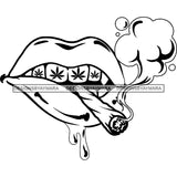 Sexy Lips Marijuana Leaves Tattoo Teeth Smoking Weed Marijuana Recreational Drug B/W SVG JPG PNG Vector Clipart Cricut Silhouette Cut Cutting