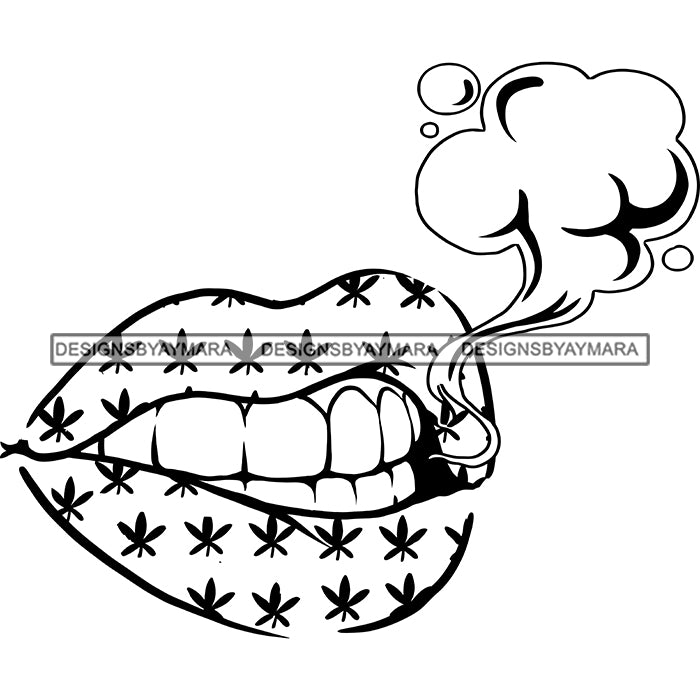 Sexy Lips Marijuana Leaves Tattoo Smoke Cannabis Recreational Drug B/W ...