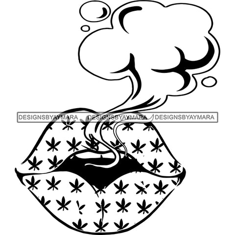 Sexy Lips Marijuana Leaves Tattoo Smoke Smoking Weed Recreational Drug B/W SVG JPG PNG Vector Clipart Cricut Silhouette Cut Cutting