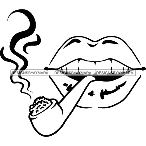 Sexy Lips Smoking Marijuana Cannabis Weed Pipe Recreational Medicinal Drug B/W SVG JPG PNG Vector Clipart Cricut Silhouette Cut Cutting