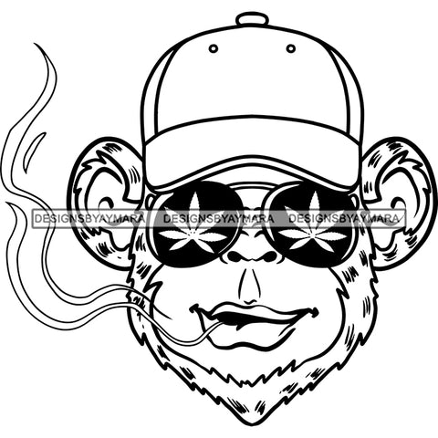 Monkey Face Baseball Hat Marijuana Leaves Sunglasses Cannabis 420 Joint B/W SVG JPG PNG Vector Clipart Cricut Silhouette Cut Cutting