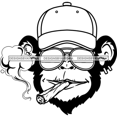 Monkey Face Baseball Hat Sunglasses Earrings Smoking Cannabis Weed Joint Blunt B/W SVG JPG PNG Vector Clipart Cricut Silhouette Cut Cutting