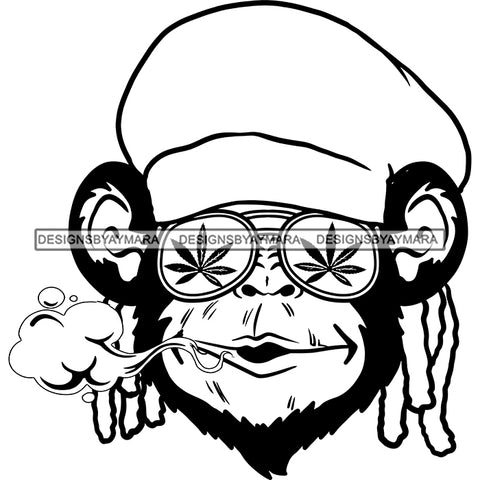 Monkey Face Rasta Hat Dreadlocks Marijuana Leaves Sunglasses Smoking Weed B/W SVG JPG PNG Vector Clipart Cricut Silhouette Cut Cutting