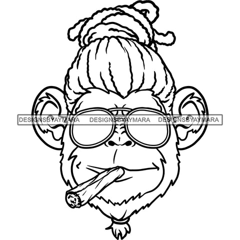 Monkey Face Updo Dreadlocks Sunglasses Smoking Cannabis Grass Hemp B/W SVG JPG PNG Vector Clipart Cricut Silhouette Cut Cutting