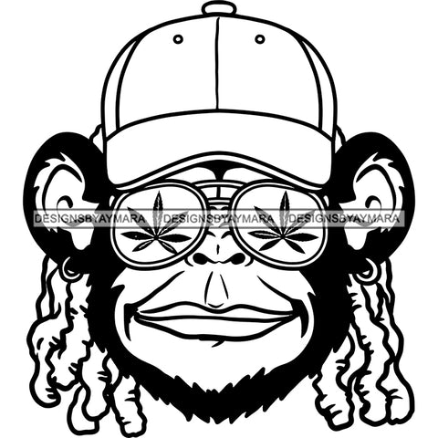 Monkey Face Baseball Hat Dreadlocks Marijuana Leaves Sunglasses Earrings Weed B/W SVG JPG PNG Vector Clipart Cricut Silhouette Cut Cutting