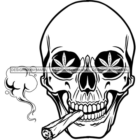 Skull Marijuana Leaves Eyes Smoking Joint Blunt Cannabis Weed Recreational Drug B/W SVG JPG PNG Vector Clipart Cricut Silhouette Cut Cutting
