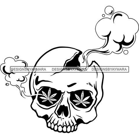 Cracked Skull Smoking Weed Cannabis Leaves Eyes Recreational Medicinal Drug B/W SVG JPG PNG Vector Clipart Cricut Silhouette Cut Cutting