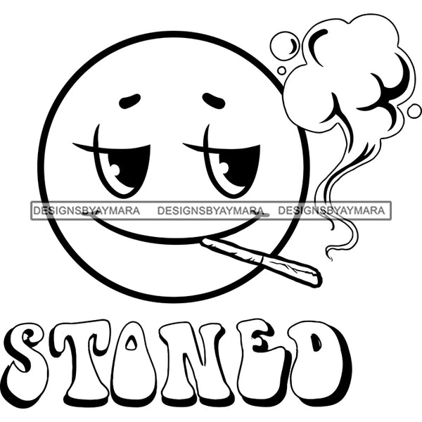 Emoji Face Smoking Cannabis Marijuana Weed High Baked Wasted Logo Illustration B/W SVG JPG PNG Vector Clipart Cricut Silhouette Cut Cutting