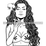 Sexy Woman Bikini Top Smoking Joint Grass 420 Hemp Wavy Long Hairstyle B/W SVG JPG PNG Vector Clipart Cricut Silhouette Cut Cutting