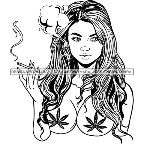 Sexy Woman Marijuana Leaves Nipple Covers Smoking Grass Weed Long Hairstyle B/W SVG JPG PNG Vector Clipart Cricut Silhouette Cut Cutting