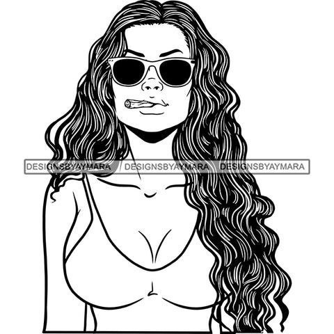 Sexy Woman Tank Top Sunglasses Smoking Grass 420 Hemp Wavy Long Hairstyle B/W SVG JPG PNG Vector Clipart Cricut Silhouette Cut Cutting