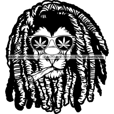 Lion Head Rasta Dreadlocks Marijuana Leaves Sunglasses Smoking Weed Grass B/W SVG JPG PNG Vector Clipart Cricut Silhouette Cut Cutting