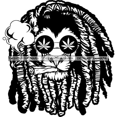 Lion Head Dreadlocks Marijuana Leaves Sunglasses Smoking Joint Weed Grass B/W SVG JPG PNG Vector Clipart Cricut Silhouette Cut Cutting