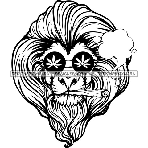 Lion Mane Head Marijuana Leaves Sunglasses Smoking Joint Blunt Weed Grass 420 B/W SVG JPG PNG Vector Clipart Cricut Silhouette Cut Cutting