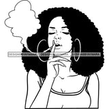 Sexy Afro Woman Smoking Marijuana Bamboo Hoop Earrings Puffy Afro Hairstyle B/W SVG JPG PNG Vector Clipart Cricut Silhouette Cut Cutting