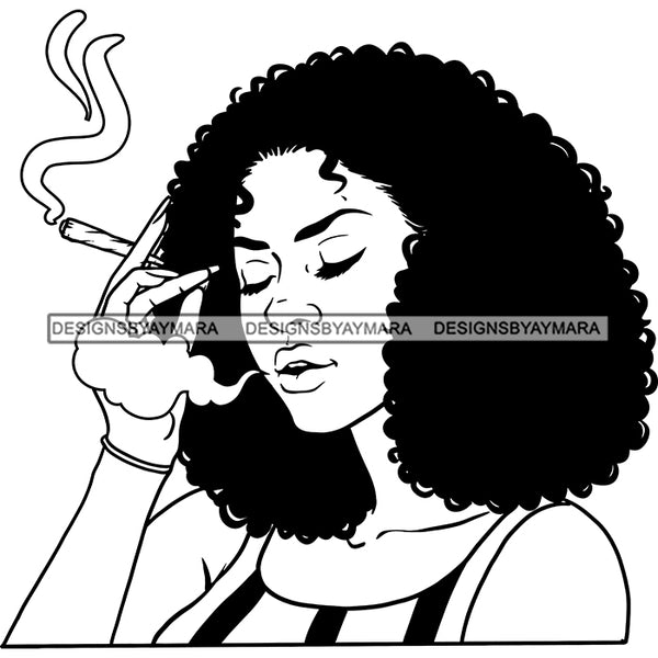 Sexy Afro Woman Smoking Marijuana Cannabis Weed Hemp Puffy Afro Hairstyle B/W SVG JPG PNG Vector Clipart Cricut Silhouette Cut Cutting