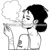 Sexy Afro Woman Smoking Marijuana Weed Arm Tattoo Afro Bun Hairstyle B/W SVG JPG PNG Vector Clipart Cricut Silhouette Cut Cutting