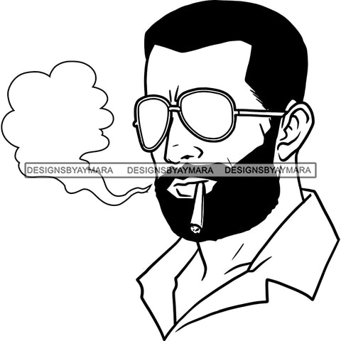 Sexy Afro Man Bearded Sunglasses Smoking Weed Marijuana Grass Short Hairstyle B/W SVG JPG PNG Vector Clipart Cricut Silhouette Cut Cutting