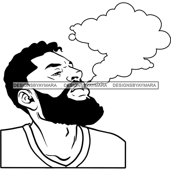 Sexy Afro Man Bearded Smoking Blunt Weed Marijuana Grass Short Hairstyle B/W SVG JPG PNG Vector Clipart Cricut Silhouette Cut Cutting