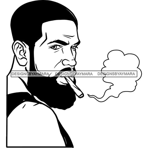 Sexy Afro Man Bearded Smoking Blunt Weed Cannabis Grass 420 Short Hairstyle B/W SVG JPG PNG Vector Clipart Cricut Silhouette Cut Cutting
