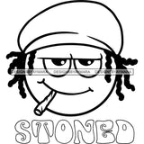 Emoji Face Rasta Hat Dreadlocks Smoking Marijuana High Baked Logo Banner B/W SVG JPG PNG Vector Clipart Cricut Silhouette Cut Cutting