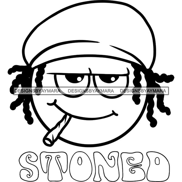 Emoji Face Rasta Hat Dreadlocks Smoking Marijuana High Baked Logo Banner B/W SVG JPG PNG Vector Clipart Cricut Silhouette Cut Cutting