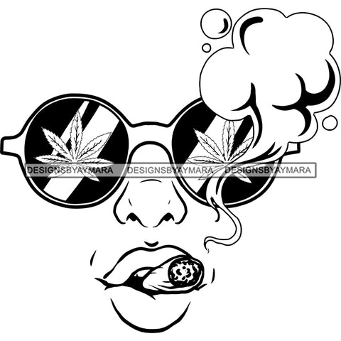Transparent Woman Face Marijuana Leaves Sunglasses Smoking Cannabis Grass B/W SVG JPG PNG Vector Clipart Cricut Silhouette Cut Cutting