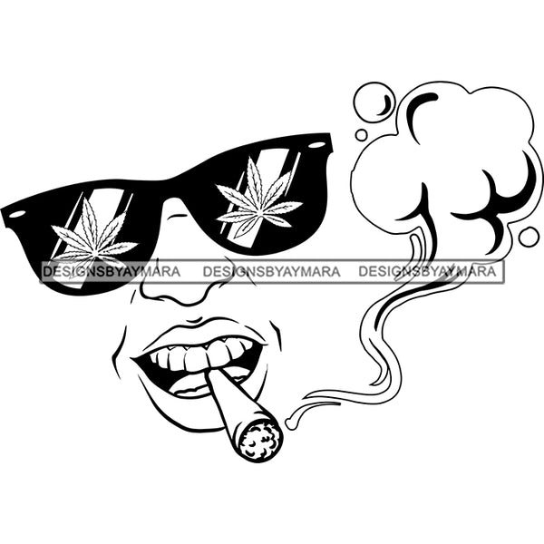 Transparent Woman Face Smiling Marijuana Leaves Sunglasses Smoking Joint B/W SVG JPG PNG Vector Clipart Cricut Silhouette Cut Cutting