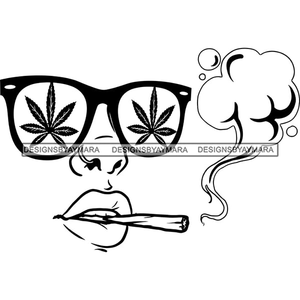 Transparent Woman Face Nose Ring Marijuana Leaves Sunglasses Smoking Joint B/W SVG JPG PNG Vector Clipart Cricut Silhouette Cut Cutting