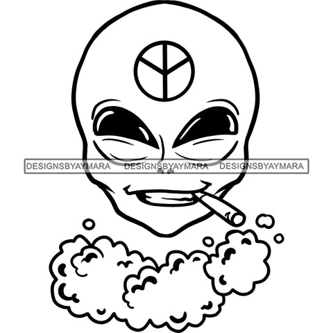 Alien Extraterrestrial Marijuana Leaf Forehead Smiling Smoking Joint Weed Grass B/W SVG JPG PNG Vector Clipart Cricut Silhouette Cut Cutting