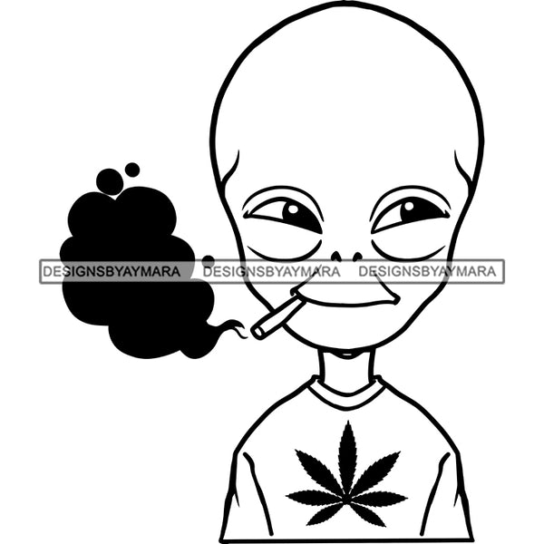 Alien Extraterrestrial Wearing Marijuana Leaf T-shirt Smoking Joint Weed Grass B/W SVG JPG PNG Vector Clipart Cricut Silhouette Cut Cutting