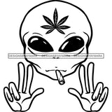 Alien Extraterrestrial Smoking Blunt Joint Cannabis Marijuana Hands Peace Sign B/W SVG JPG PNG Vector Clipart Cricut Silhouette Cut Cutting