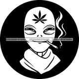 Alien Extraterrestrial Marijuana Leaf Forehead High Smoking Blunt Joint Cannabis B/W SVG JPG PNG Vector Clipart Cricut Silhouette Cut Cutting