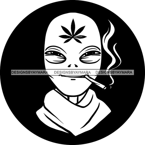 Alien Extraterrestrial Marijuana Leaf Forehead High Smoking Blunt Joint Cannabis B/W SVG JPG PNG Vector Clipart Cricut Silhouette Cut Cutting