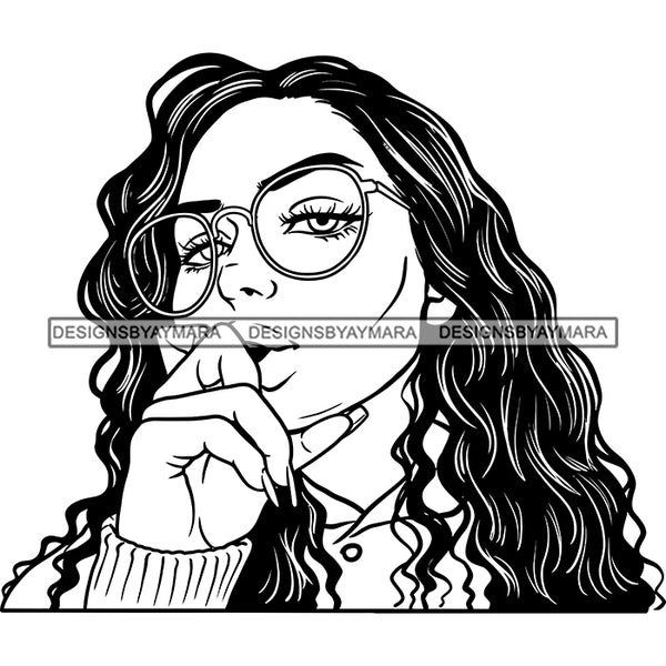 Sexy Afro Woman Glasses Joint Marijuana Weed Cannabis Long Wavy Hairstyle B/W SVG JPG PNG Vector Clipart Cricut Silhouette Cut Cutting