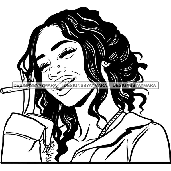 Sexy Afro Woman Smiling Smoking Joint Weed Grass Cannabis Wavy Hairstyle B/W SVG JPG PNG Vector Clipart Cricut Silhouette Cut Cutting