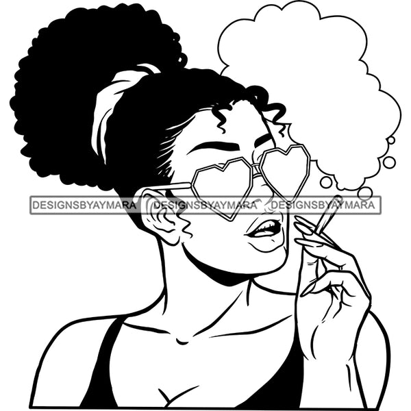 Sexy Afro Woman Heart Shape Sunglasses Smoking Weed Updo Puffy Afro Hairstyle B/W SVG JPG PNG Vector Clipart Cricut Silhouette Cut Cutting