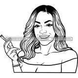 Sexy Afro Woman Smiling Smoking Blaze Joint Weed 420 Long Wavy Hairstyle B/W SVG JPG PNG Vector Clipart Cricut Silhouette Cut Cutting