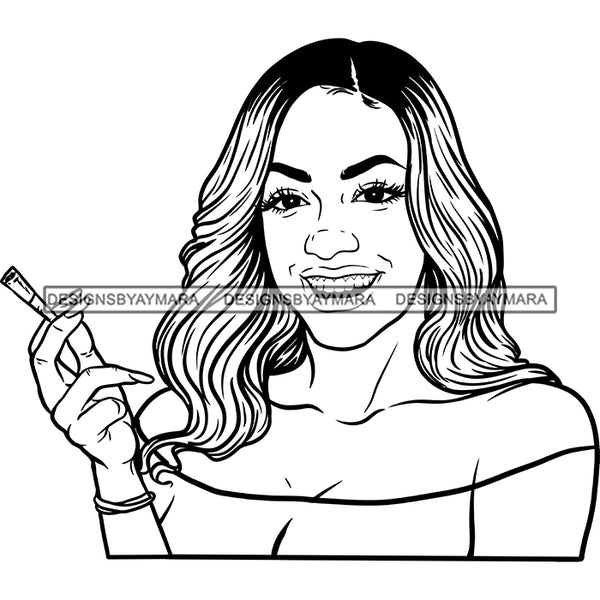 Sexy Afro Woman Smiling Smoking Blaze Joint Weed 420 Long Wavy Hairstyle B/W SVG JPG PNG Vector Clipart Cricut Silhouette Cut Cutting