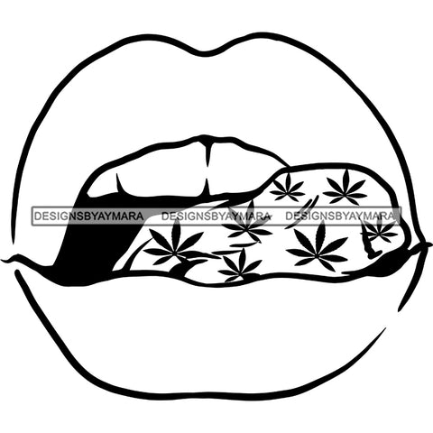 Sexy Lips Marijuana Leaves Tongue Cannabis 420 Weed Recreational Medicinal Drug B/W SVG JPG PNG Vector Clipart Cricut Silhouette Cut Cutting