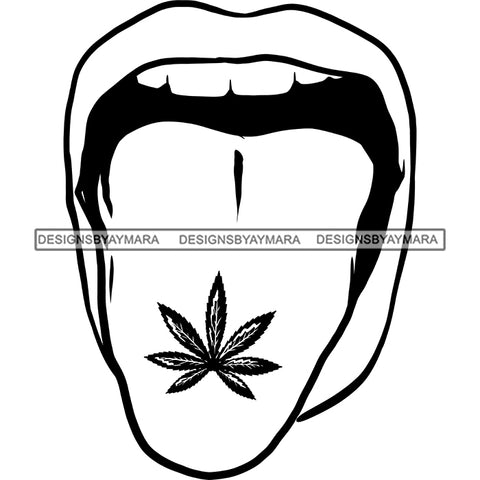 Sexy Mouth Marijuana Leaf Tongue Tattoo Cannabis Recreational Medicinal Drug B/W SVG JPG PNG Vector Clipart Cricut Silhouette Cut Cutting