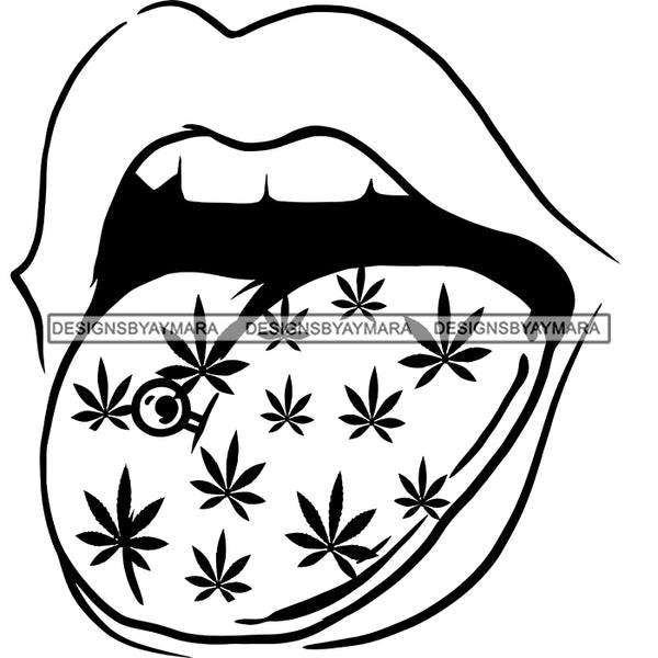 Sexy Mouth Marijuana Leaves Tongue Tattoo Piercing Recreational Medicinal Drug B/W SVG JPG PNG Vector Clipart Cricut Silhouette Cut Cutting