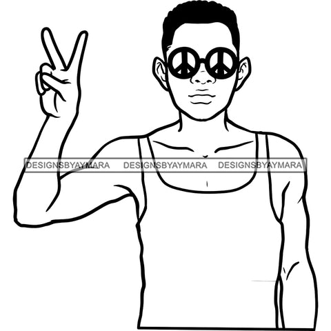 Afro Man Wearing Tank Top Hand Peace Sign Sunglasses Cannabis Weed Drug B/W SVG JPG PNG Vector Clipart Cricut Silhouette Cut Cutting