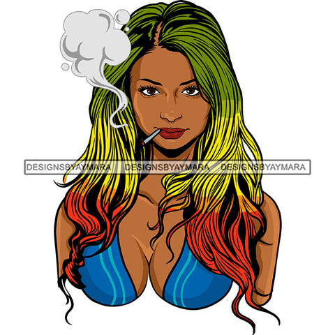 Sexy Woman Bikini Top Smoking Weed Joint Recreational Rasta Long Hairstyle SVG JPG PNG Vector Clipart Cricut Silhouette Cut Cutting