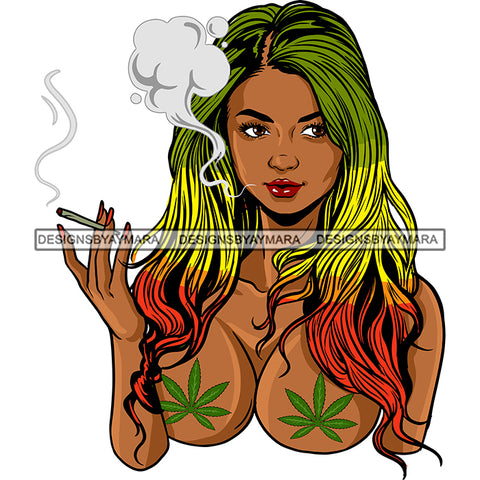 Sexy Woman Marijuana Leaves Nipple Covers Smoking Weed Rasta Long Hairstyle SVG JPG PNG Vector Clipart Cricut Silhouette Cut Cutting