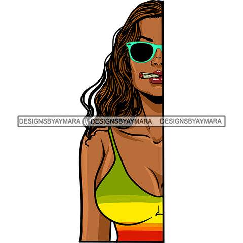 Sexy Woman Half Body Sunglasses Rasta Swimsuit Smoking Weed Long Wavy Hairstyle SVG JPG PNG Vector Clipart Cricut Silhouette Cut Cutting