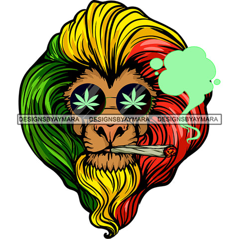 Lion Rasta Mane Head Marijuana Leaves Sunglasses Smoking Weed Green Smoke SVG JPG PNG Vector Clipart Cricut Silhouette Cut Cutting